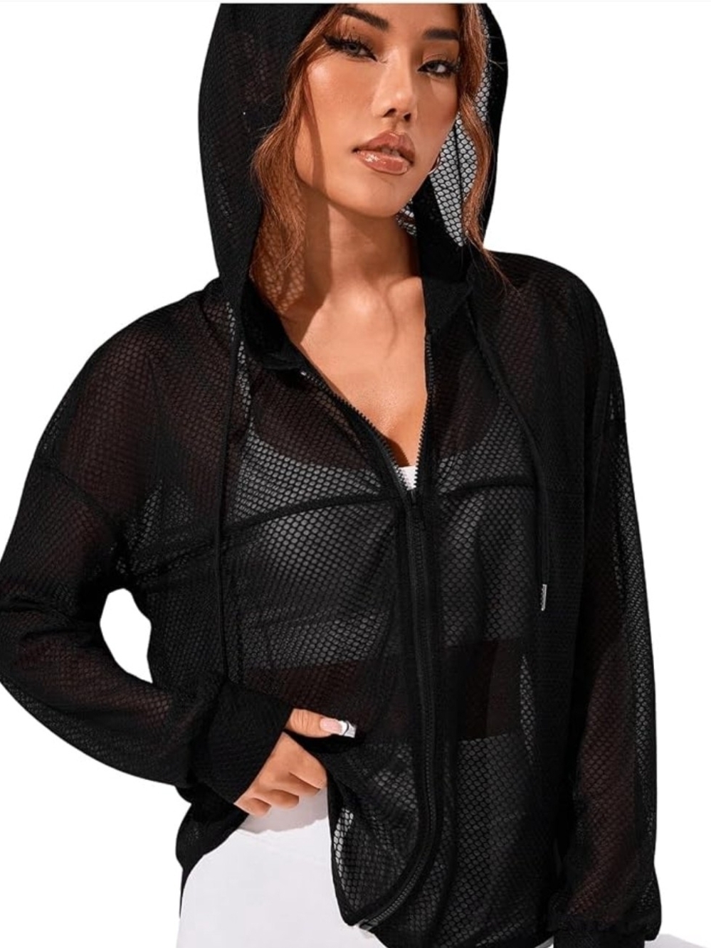 Catalina Black Mesh Zip Up Hoodie Long Sleeve Swim Cover Jacket Size Large